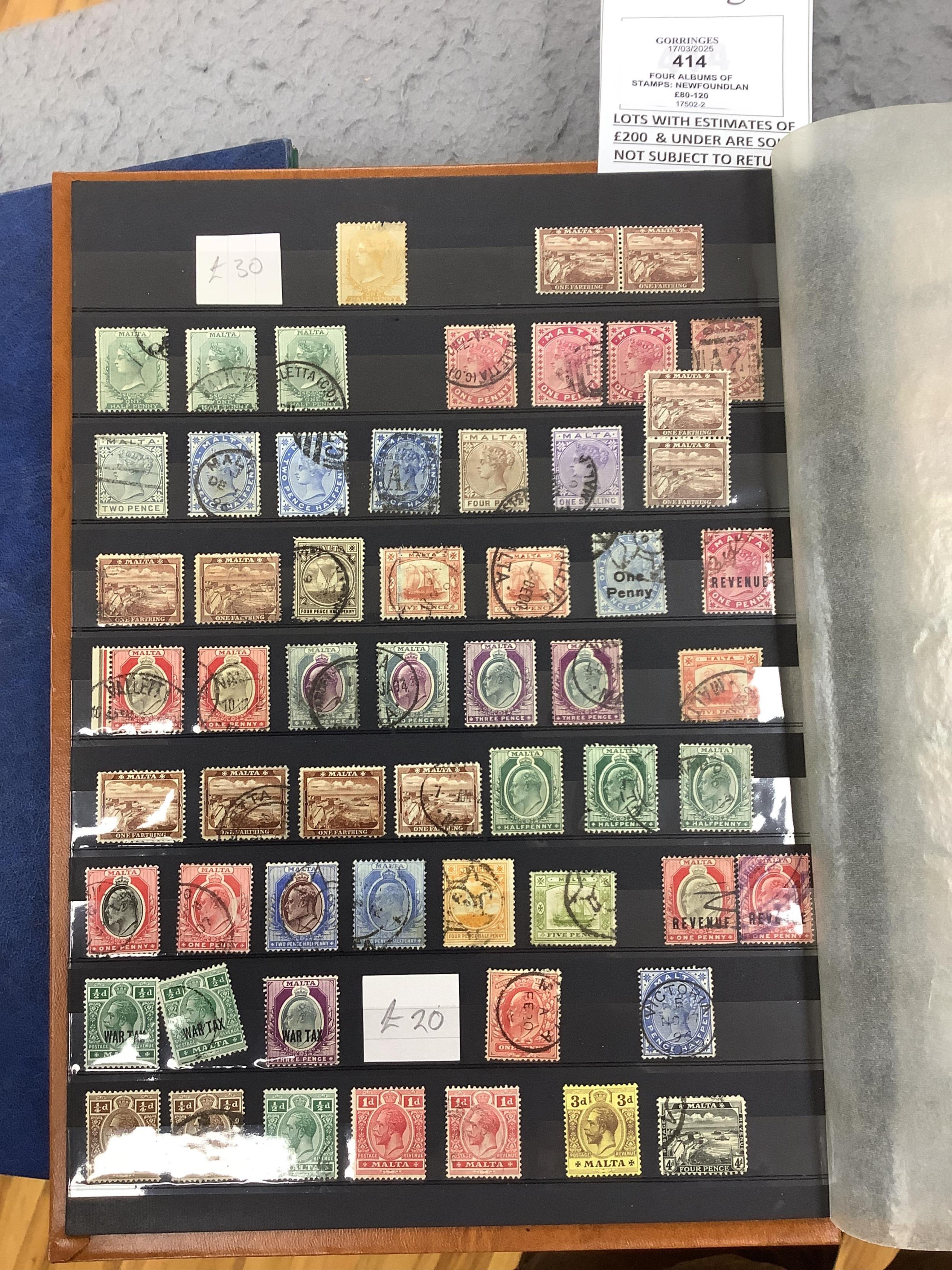 Four albums of stamps: Newfoundland, Jamaica etc (4). Condition - mostly stamp marked